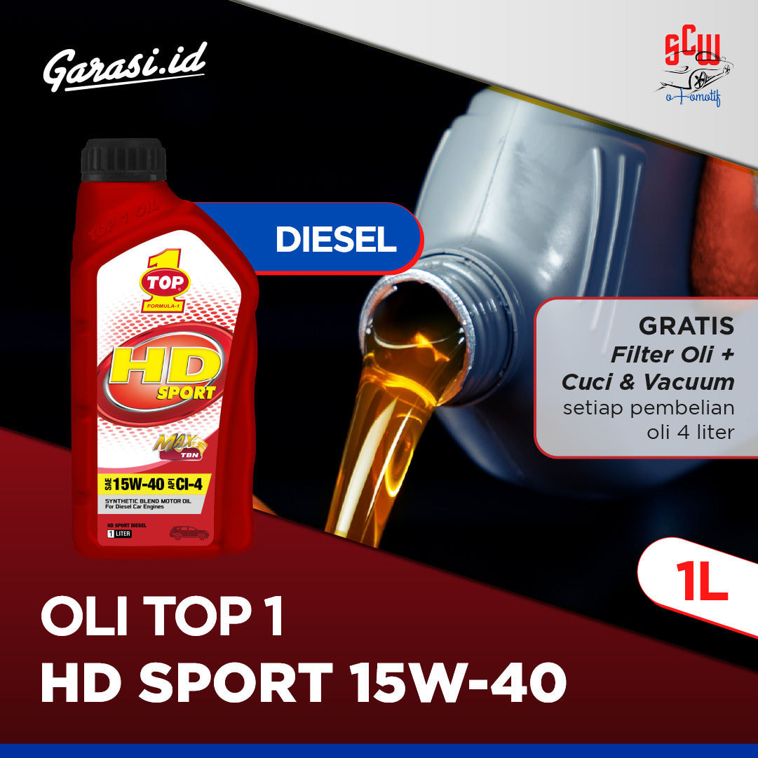 Oli Top 1 HD Sport Diesel 15W/40 1 Liter (Gratis Filter Oli + Cuci & Vacum dengan Pembelian 4 Liter) - Khusus Bekasi