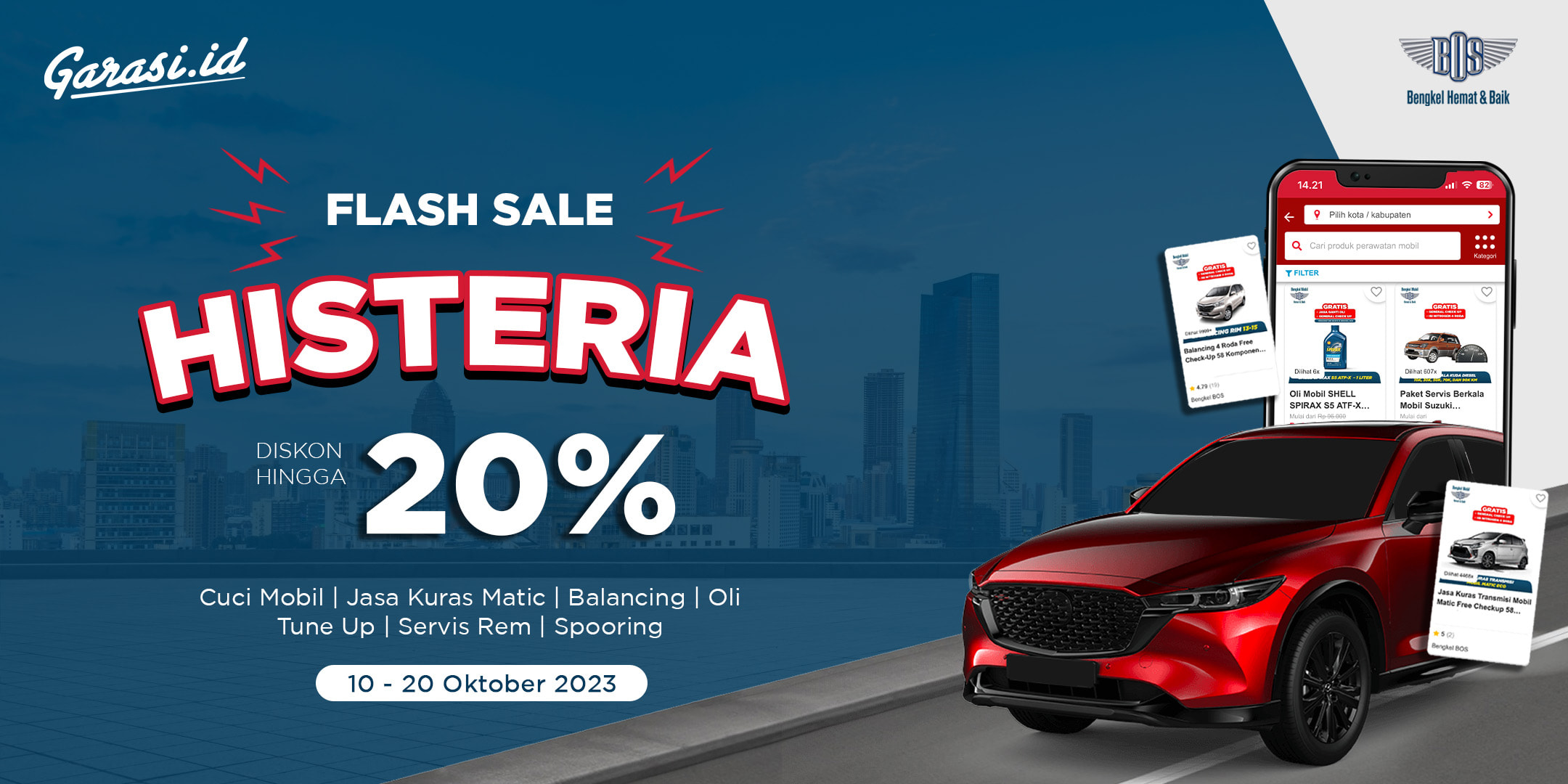 Promo 10.10 Bengkel BOS diskon hingga 20% untuk servis mobil dan ganti oli.