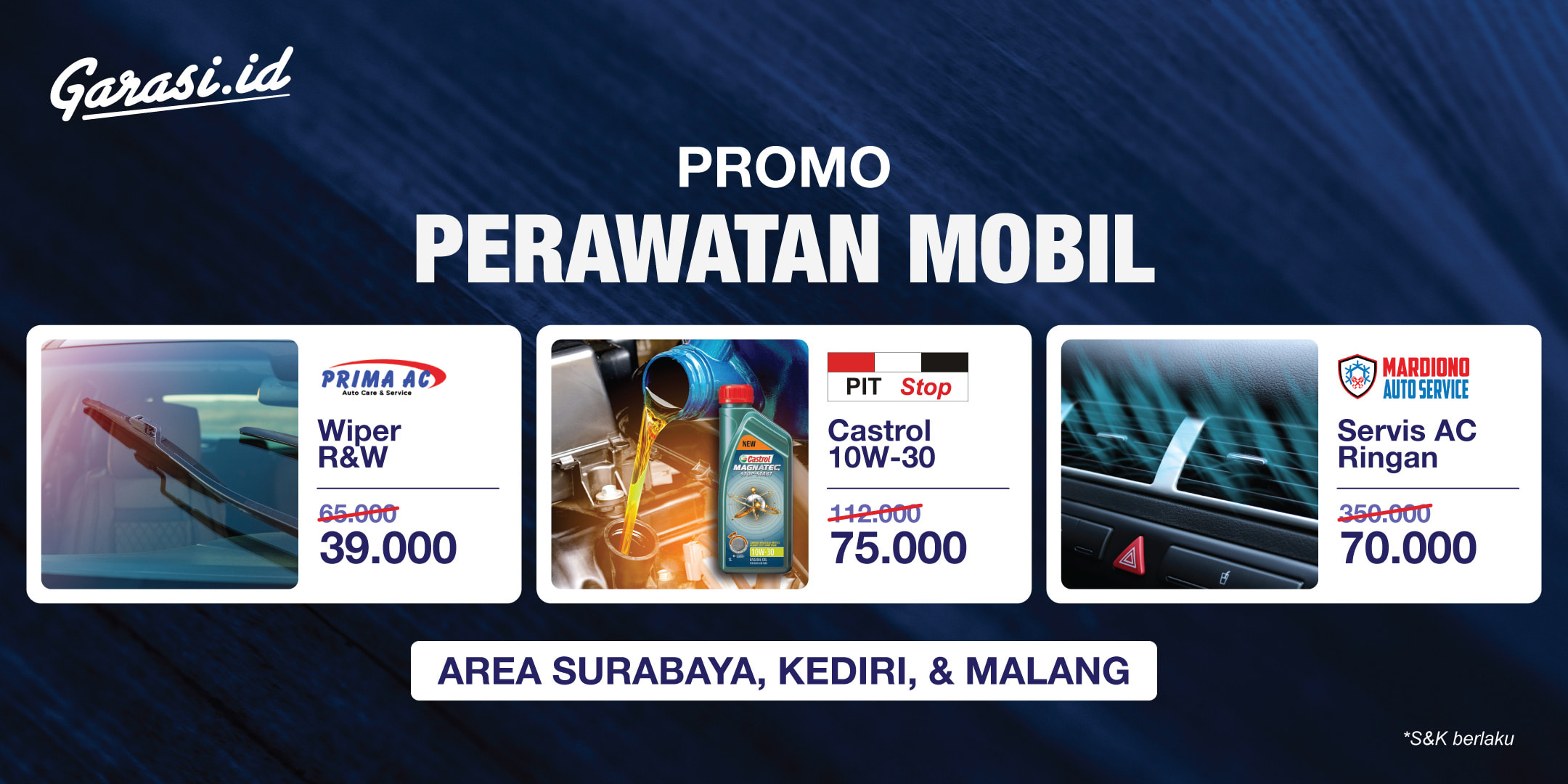 Nikmati promo Servis AC Ringan, Oli Castrol 10W/30, dan Wiper R&W **mulai Rp39.000 aja khusus area Surabaya, Kediri & Malang!**