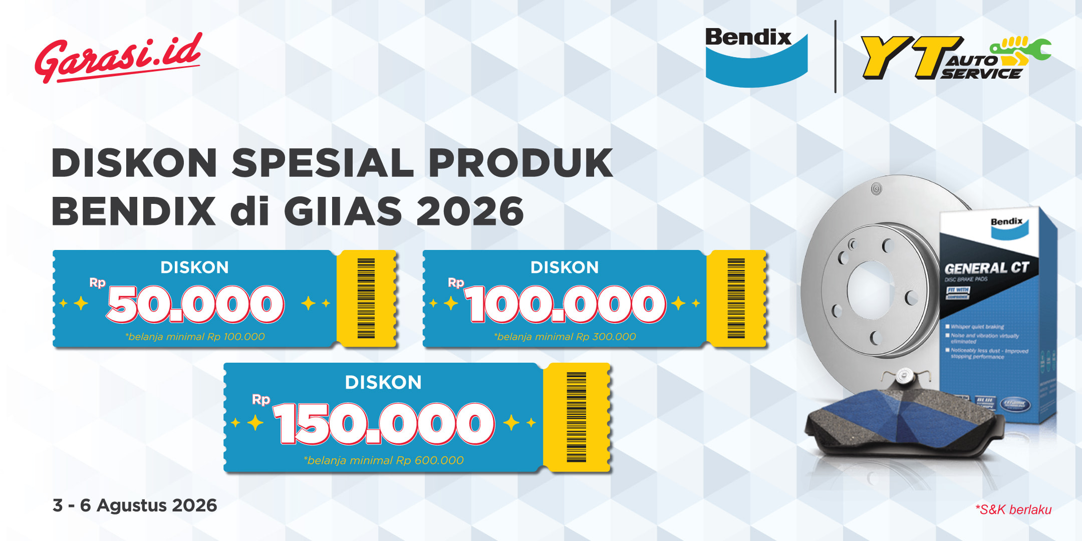 Promo Bendix x YT auto x Garasi.id Diskon Hingga 150rb