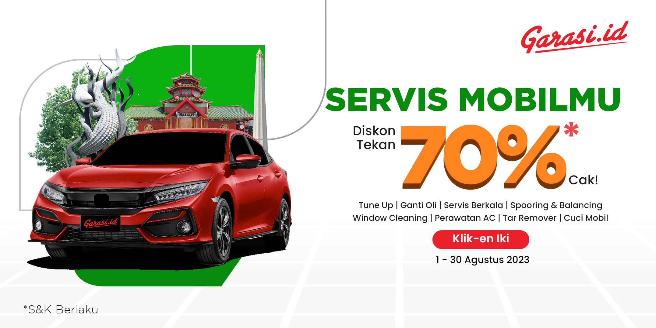 Dapatkan Diskon Servis Mobil  Hingga 70% dari partner Garasi.id yang terpercaya, khusus area Surabaya dan Sidoarjo.