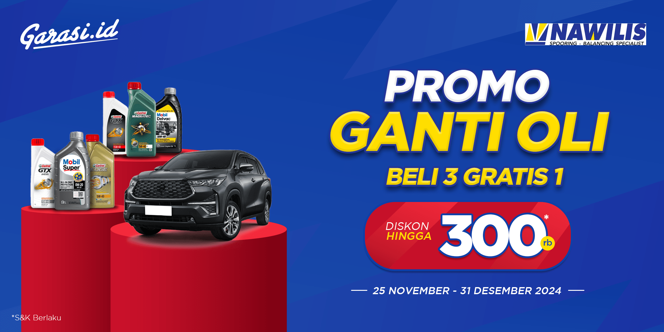 Spesial Promo **Ganti Oli Buy 3 Get 1** + Discount hingga **Rp300.000** hanya di Bengkel Nawilis!