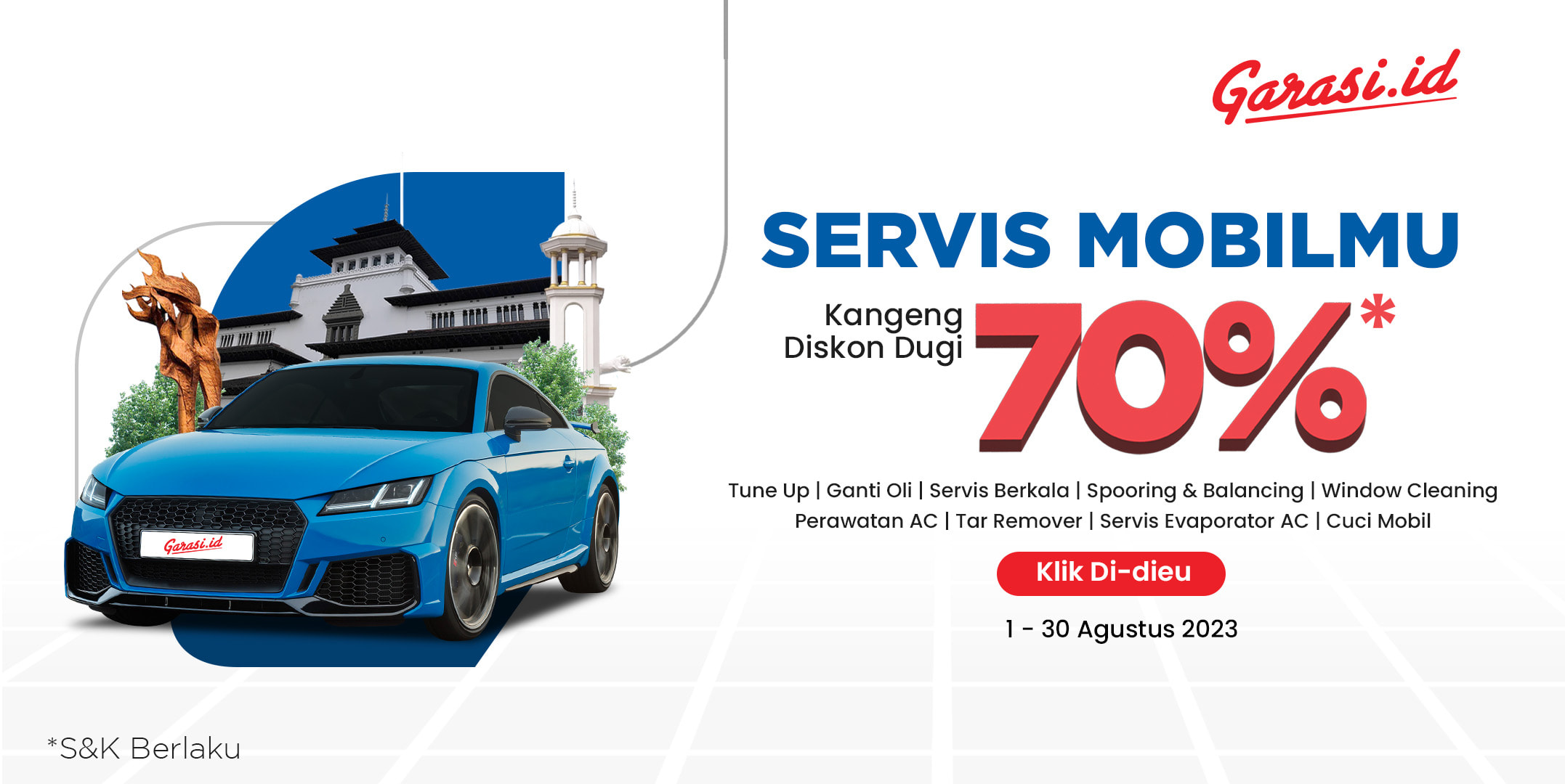 Dapatkan Diskon Servis Mobil  Hingga 70% dari partner Garasi.id yang terpercaya, khusus area Bandung Raya dan Cirebon.