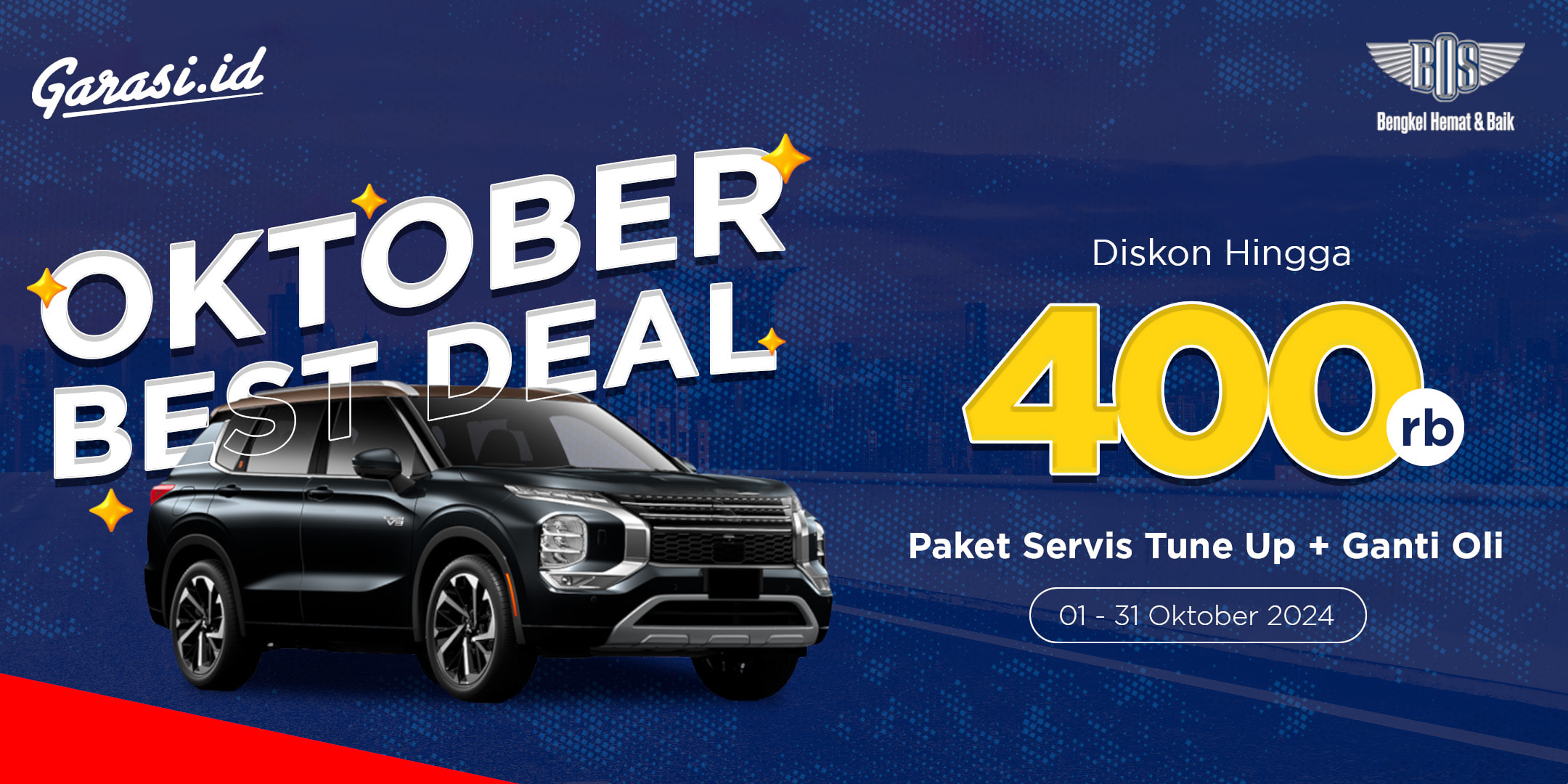 Paket Promo **Servis Tune Up + Ganti Oli di Bengkel BOS**, diskon hingga **Rp400.000**