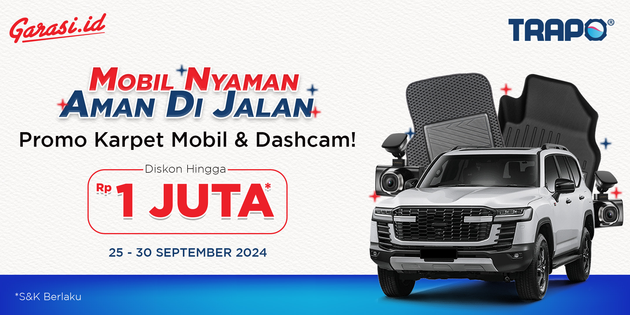 **Promo Karpet Mobil Trapo Indonesia**, diskon hingga **Rp1.000.000 + Cashback hingga Rp150.000 poin!** Khusus area Jatabek dan Surabaya. **Promo Karpet Mobil Trapo Indonesia**, diskon hingga **Rp1.000.000 + Cashback hingga Rp150.000 poin!** Khusus area Jatabek dan Surabaya.