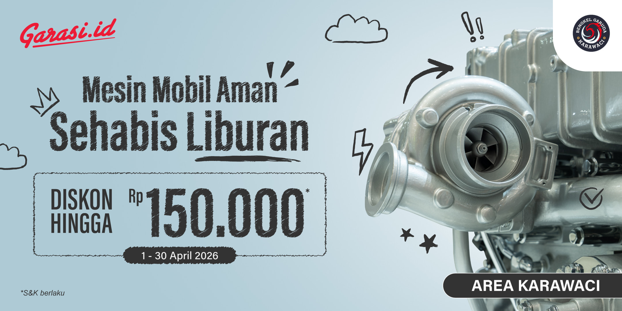 Servis mobil di Bengkel Garuda Karawaci jadi lebih hemat, diskon sampai Rp150.000. Servis mobil di Bengkel Garuda Karawaci jadi lebih hemat, **diskon sampai Rp150.000**.