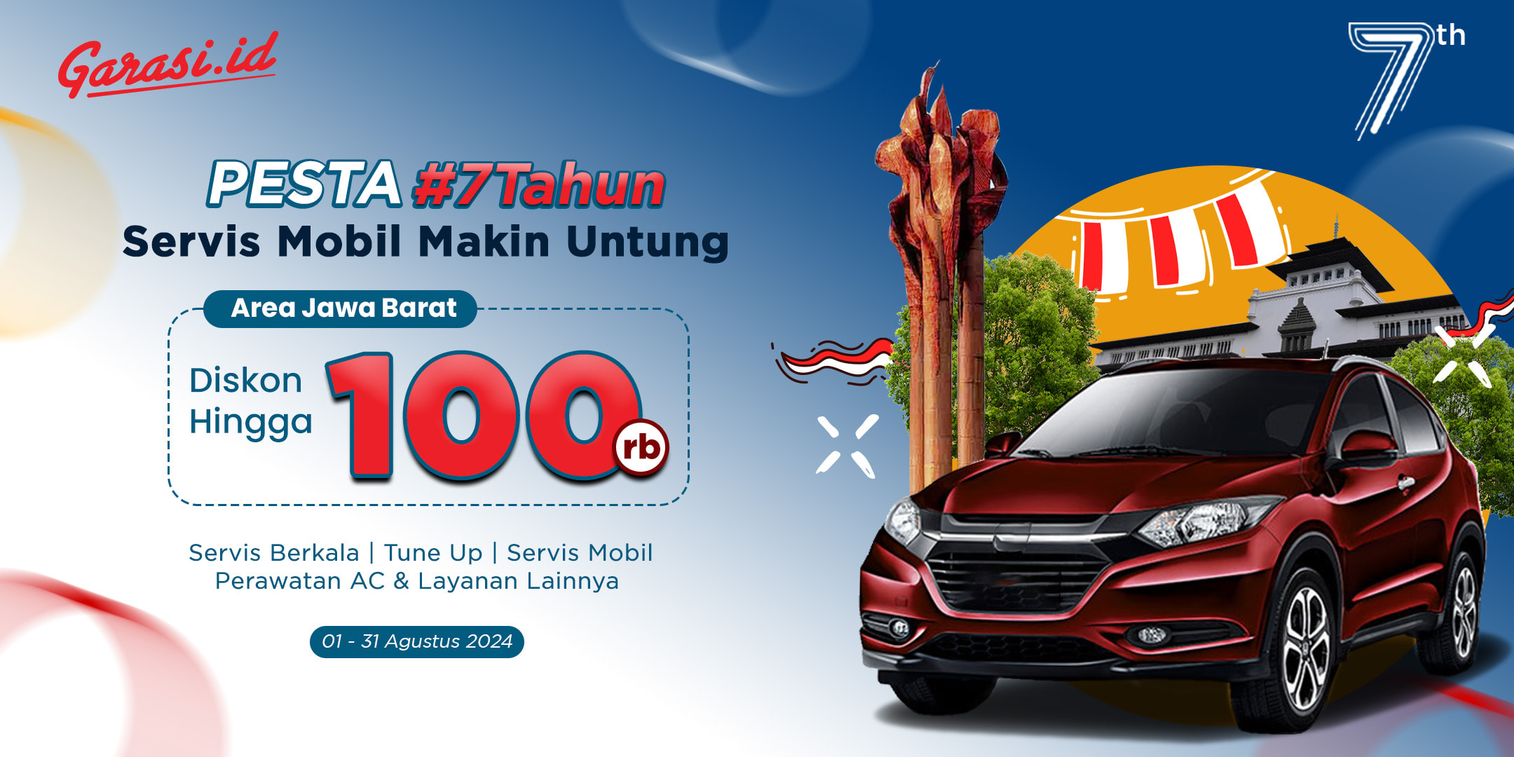 **Pesta #7Tahun Garasi.id** servis mobil diskon hingga Rp 100.000. Promo khusus area JAWA BARAT **(Bandung & Cirebon)**