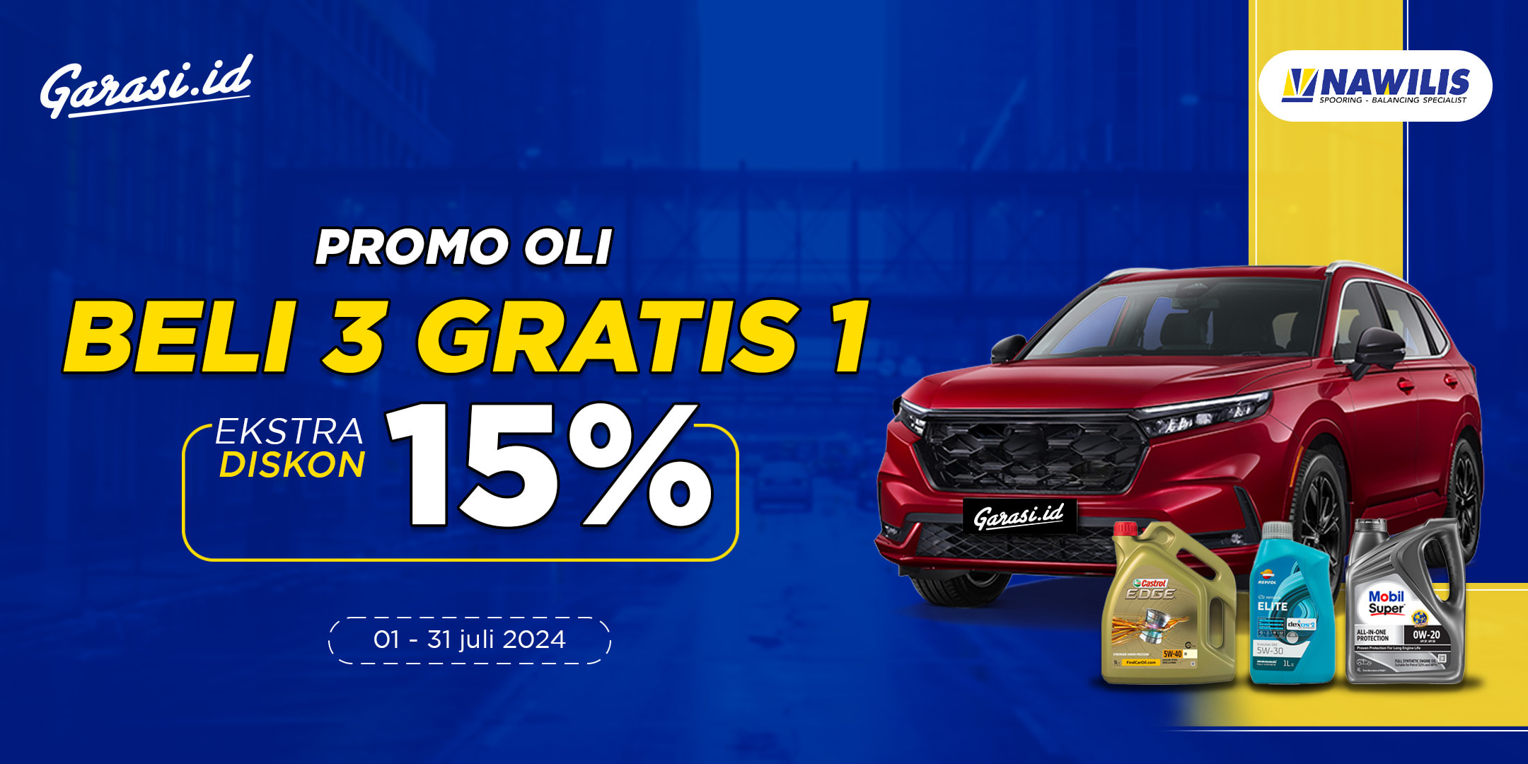 Spesial Promo Ganti Oli **Buy 3 Get 1 + Discount 15%** hanya di Bengkel Nawilis!