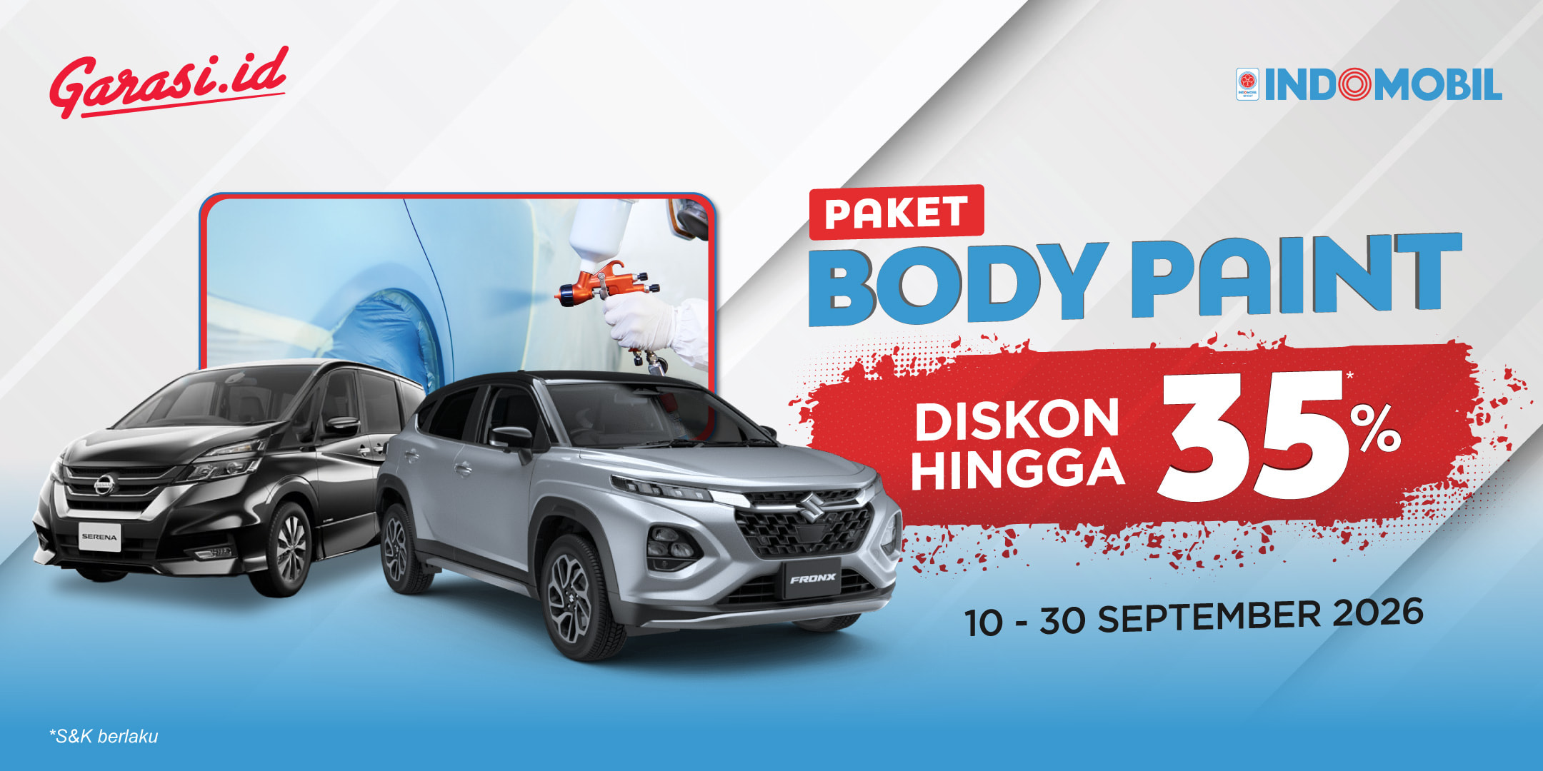 Nikmati harga khusus untuk layanan **Body Paint** di Bengkel Resmi Indomobil Group dengan **diskon hingga 35%.**