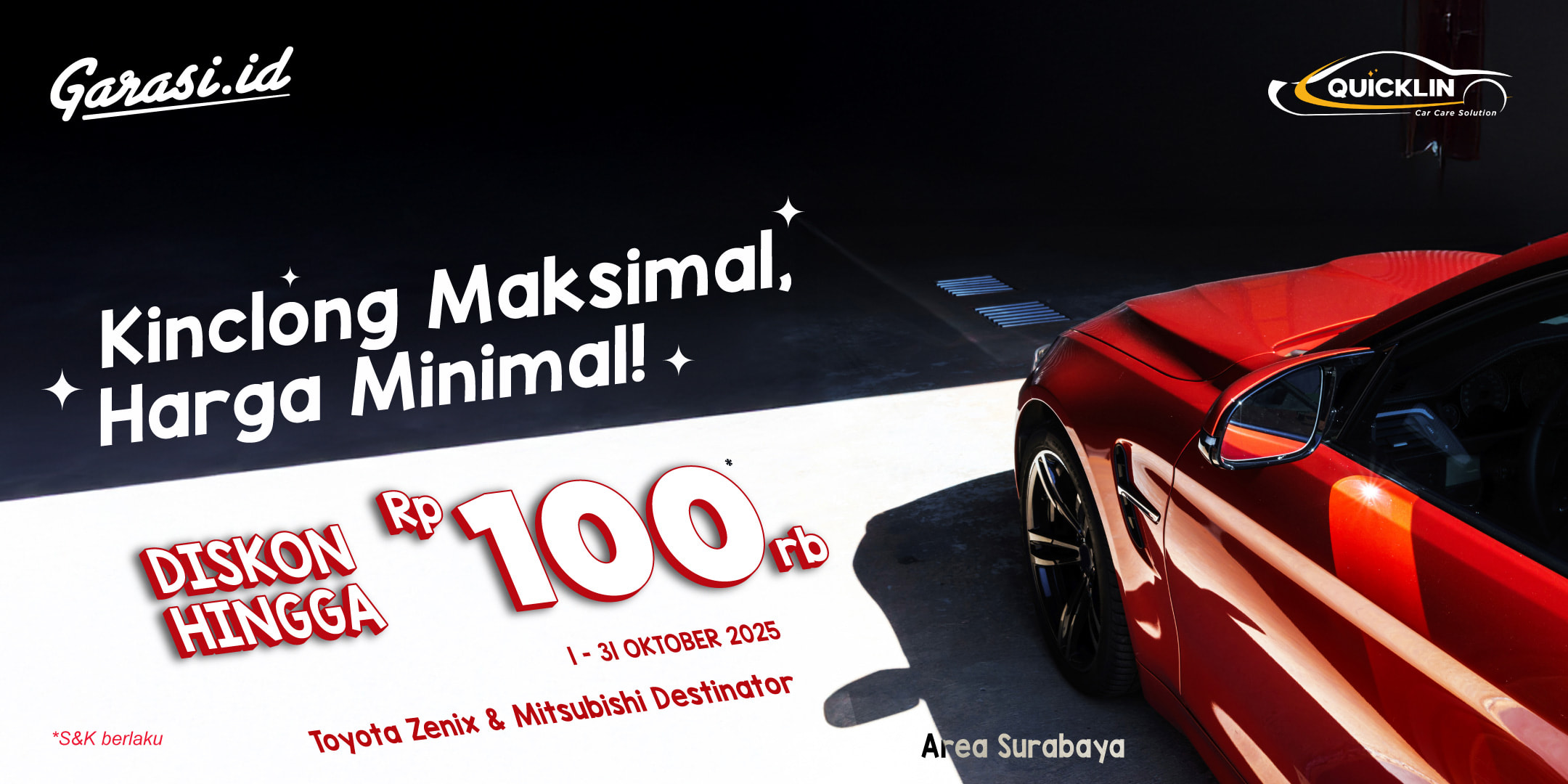 Nikmati Promo Khusus untuk **Toyota Zenix & Mitsubishi Destinator**, dengan diskon hingga **Rp100.000**! Nikmati Promo Khusus untuk **Toyota Zenix & Mitsubishi Destinator**, dengan diskon hingga **Rp100.000**!