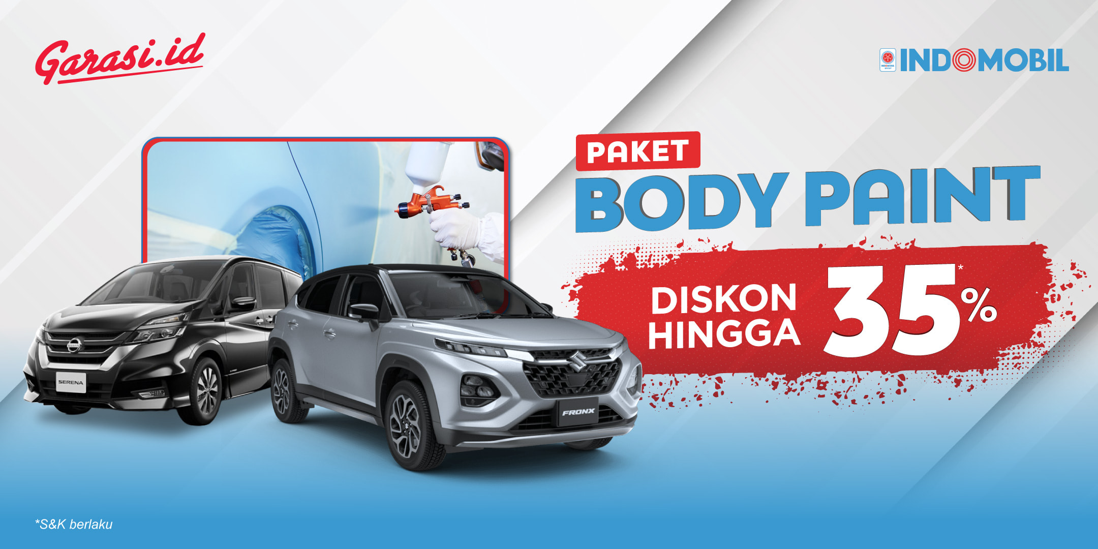 Nikmati harga khusus untuk layanan **Body Paint** di Bengkel Resmi Indomobil Group dengan **diskon hingga 35%.**