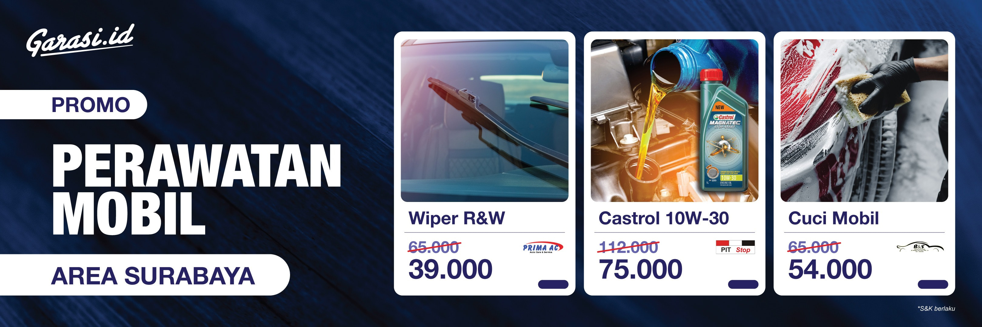 Nikmati promo Servis AC Ringan, Oli Castrol 10W/30, dan Wiper R&W mulai Rp39.000 aja khusus area Surabaya, Kediri & Malang!